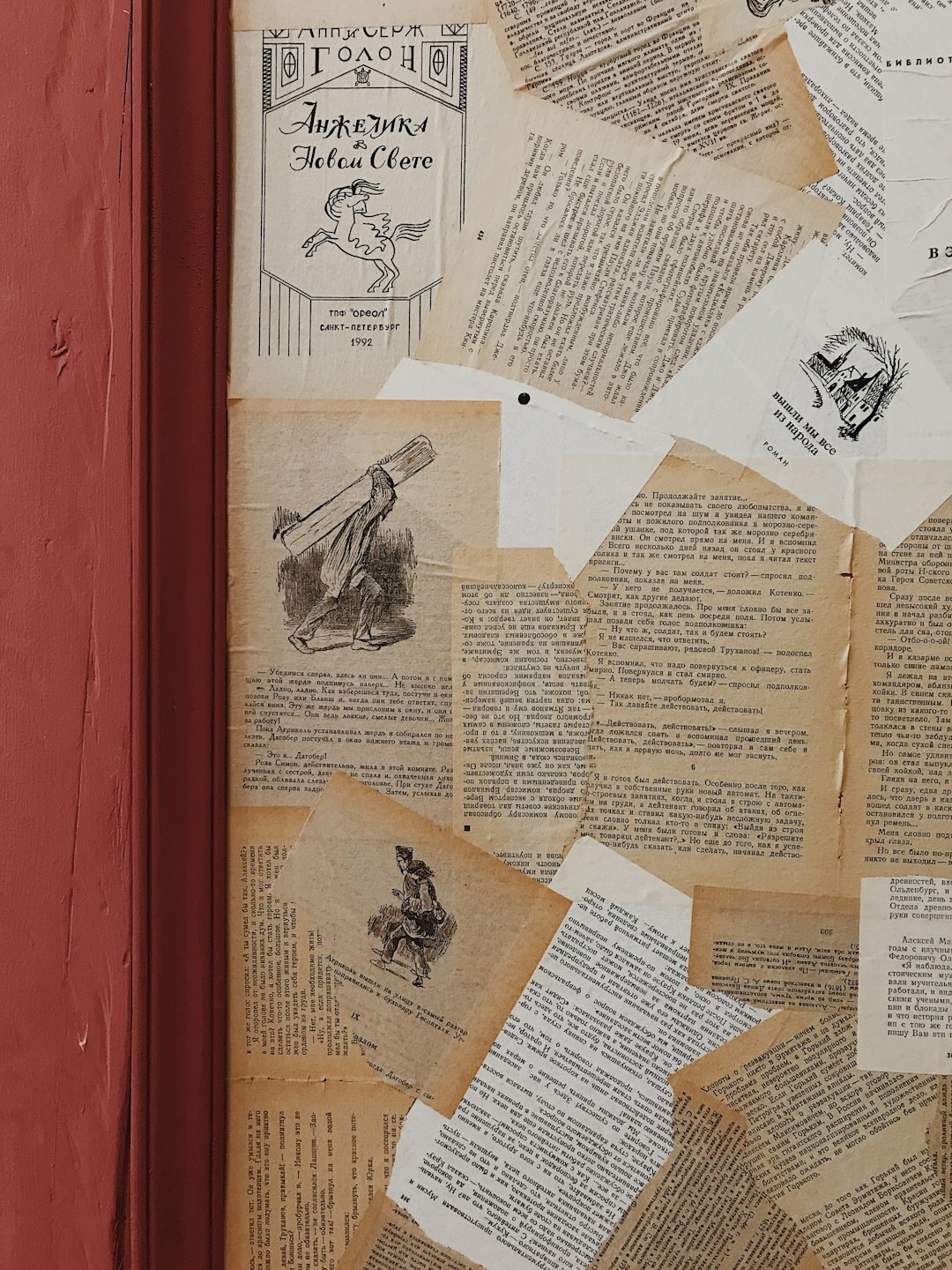 Detective evidence board with photographs, newspaper clippings, and red string connecting pins